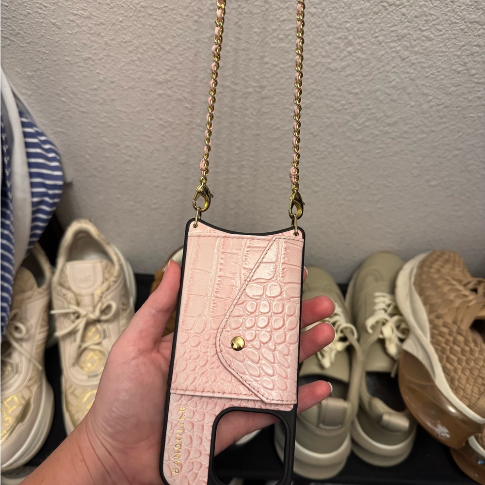 Bandolier Pink Croc Embossed Leather Crossbody Phone Holder with Gold Chain
